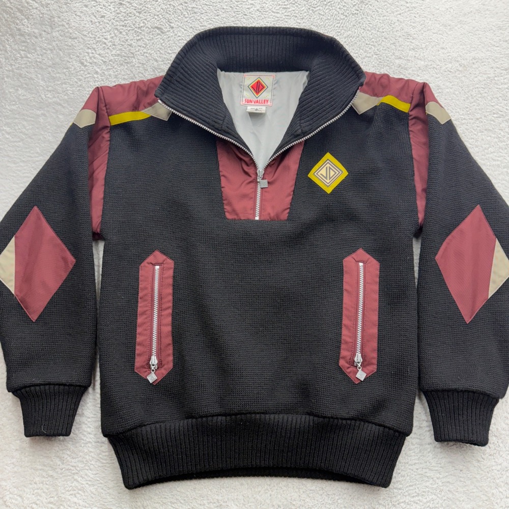 Sun Valley Vintage Mens Wool Quarter Zip Ski Sweater Black Burgundy Yellow Sz M